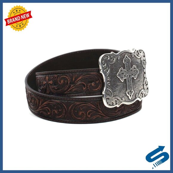 Western Leather Belt with Silver Buckle, Floral Cross Design, Size M/L/XL main image 6